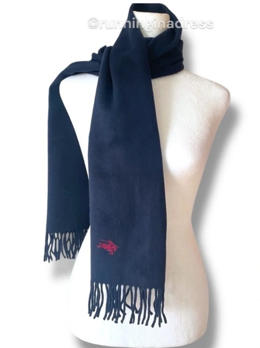 Vintage Burberrys Cashmere Scarf Navy Blue Red Equestrian Knight Logo Pre-1999